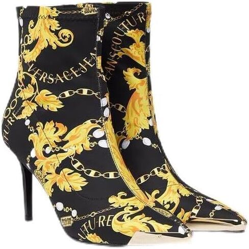 VERSACE JEANS COUTURE حذاء طويل للكاحل بكعب عالي للنساء باللونين الأسود والذهبي - in Saudi Arabia