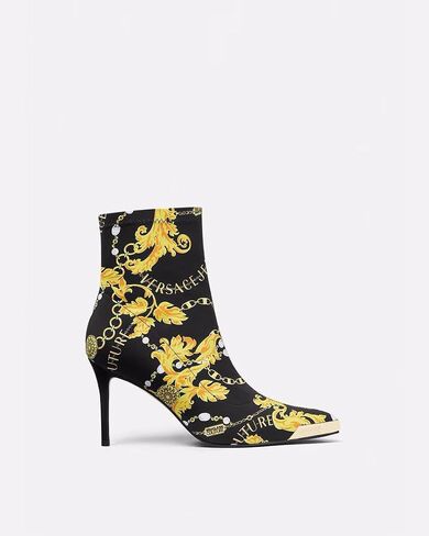VERSACE JEANS COUTURE حذاء طويل للكاحل بكعب عالي للنساء باللونين الأسود والذهبي - in Saudi Arabia