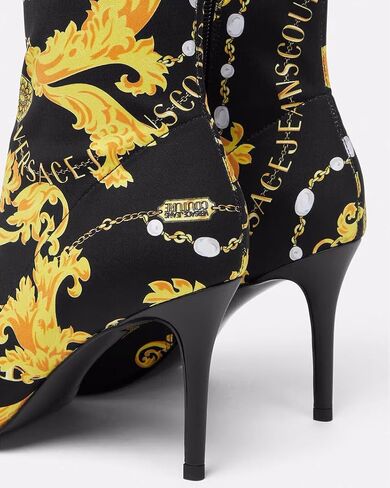 VERSACE JEANS COUTURE حذاء طويل للكاحل بكعب عالي للنساء باللونين الأسود والذهبي - in Saudi Arabia