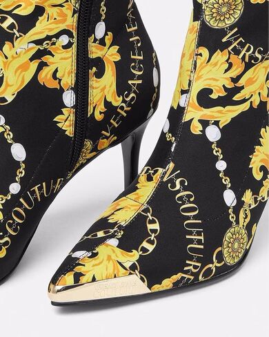 VERSACE JEANS COUTURE حذاء طويل للكاحل بكعب عالي للنساء باللونين الأسود والذهبي - in Saudi Arabia