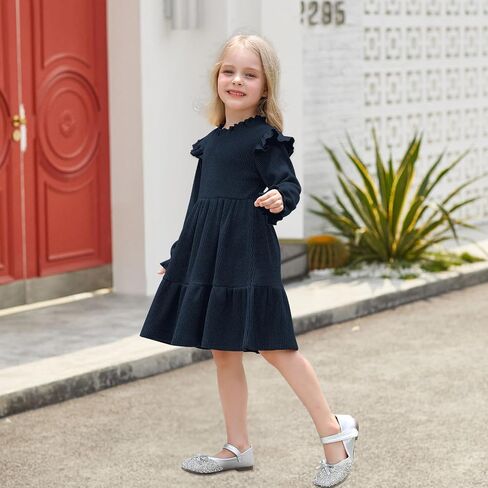 Toddler Dress Fall Winter Long Sleeve Baby Girls Soft Ribbed Knit Ruffle Frill Trim Dresses for Girls Birthday Party in Saudi Arabia