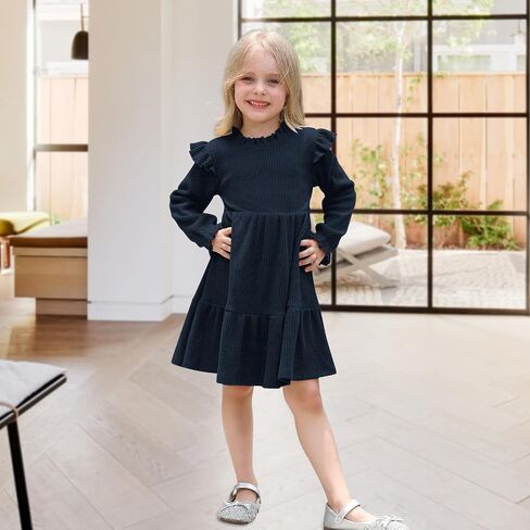 Toddler Dress Fall Winter Long Sleeve Baby Girls Soft Ribbed Knit Ruffle Frill Trim Dresses for Girls Birthday Party in Saudi Arabia