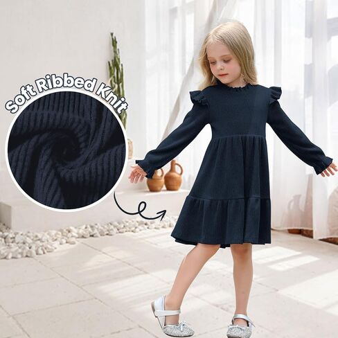 Toddler Dress Fall Winter Long Sleeve Baby Girls Soft Ribbed Knit Ruffle Frill Trim Dresses for Girls Birthday Party in Saudi Arabia