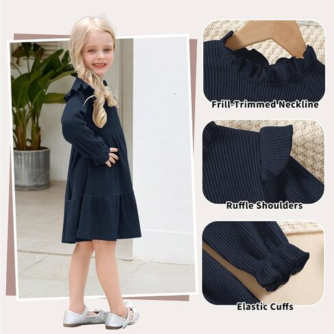 Toddler Dress Fall Winter Long Sleeve Baby Girls Soft Ribbed Knit Ruffle Frill Trim Dresses for Girls Birthday Party in Saudi Arabia