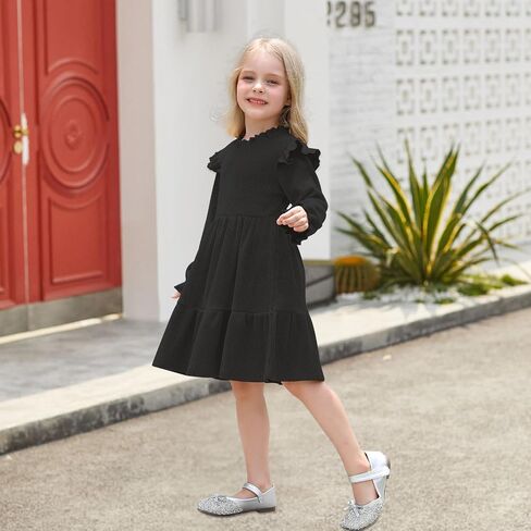 Toddler Dress Fall Winter Long Sleeve Baby Girls Soft Ribbed Knit Ruffle Frill Trim Dresses for Girls Birthday Party in Saudi Arabia