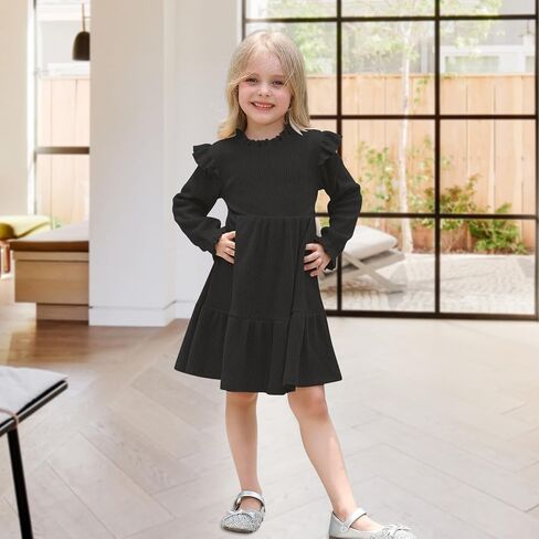 Toddler Dress Fall Winter Long Sleeve Baby Girls Soft Ribbed Knit Ruffle Frill Trim Dresses for Girls Birthday Party in Saudi Arabia