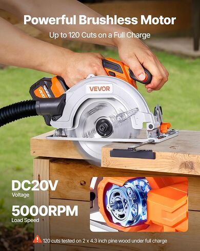 منشار دائري لاسلكي VEVOR، شفرة 7-1/4 بوصة، سرعة 5000 دورة في الدقيقة، قدرة شطبة 0-45 درجة، محرك بدون فرش، ضوء LED، طقم منشار دائري كهربائي مع بطارية وشاحن متضمن، لقطع الخشب in Kuwait