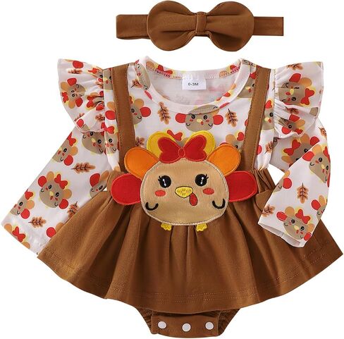 MAYUMMPY Baby Girl Thanksgiving Outfits Ruffled Turkey Print Long Sleeve Romper Dress with Bow Headband Holiday Clothes in Saudi Arabia