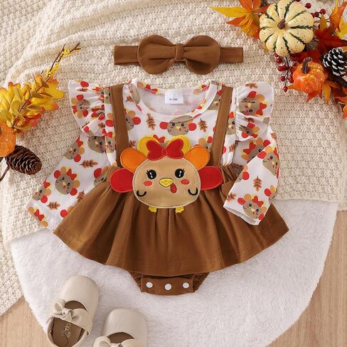 MAYUMMPY Baby Girl Thanksgiving Outfits Ruffled Turkey Print Long Sleeve Romper Dress with Bow Headband Holiday Clothes in Saudi Arabia