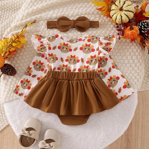 MAYUMMPY Baby Girl Thanksgiving Outfits Ruffled Turkey Print Long Sleeve Romper Dress with Bow Headband Holiday Clothes in Saudi Arabia