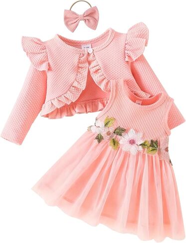 Baby Girl 3Pcs Dress Sets Embroidery Flower Tulle Dress and Ruffle Long Sleeve Cardigan with Headband Birthday Party Dress in Saudi Arabia