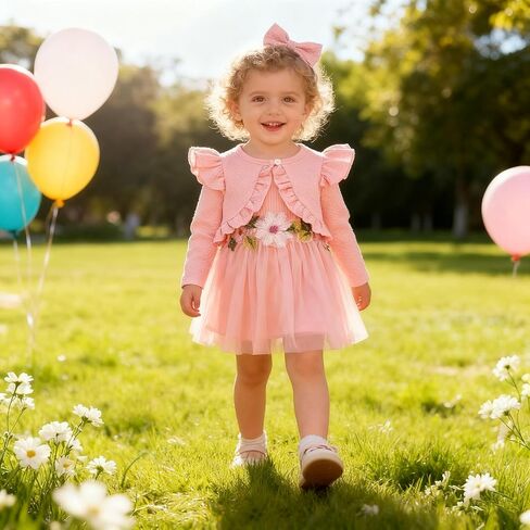 Baby Girl 3Pcs Dress Sets Embroidery Flower Tulle Dress and Ruffle Long Sleeve Cardigan with Headband Birthday Party Dress in Saudi Arabia