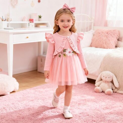 Baby Girl 3Pcs Dress Sets Embroidery Flower Tulle Dress and Ruffle Long Sleeve Cardigan with Headband Birthday Party Dress in Saudi Arabia