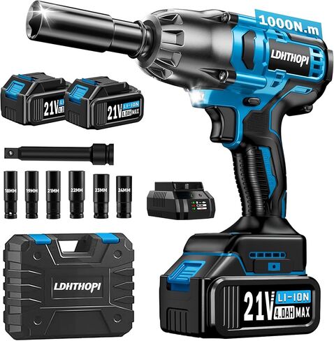 LDHTHOPI 1000 N.m(740 FT-lbs) مفتاح ربط لاسلكي، 1/2 في 3500 دورة في الدقيقة مسدس كهربائي بدون فرشاة عزم دوران عالي 21 فولت 2x4.0 أمبير بطارية 6 مقبس وحقيبة للمنزل والسيارة والشاحنة وإزالة صامولة الإطارات - 2025 مطورة in Kuwait