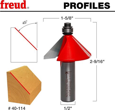Freud 1-5/8" Chamfer Router Bit with Tico Hi-Density Carbide for Maximum Performance - Ideal for Edge Treatment & Joinery, 1-5/8" Diameter, 1/2" Shank, 5/8" Height, 45° Angle, 2 Cutters - 40-114 in Saudi Arabia