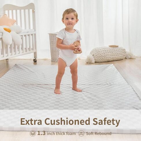 سجادة لعب أطفال كبيرة من الجلد النباتي للأرضية، 1.3 بوصة إسفنج سميك 59x82 قابل للطي ومقاوم للماء للأطفال، سجادة لعب أنيقة ويمكن تنظيفها بالمسح فقط للعب الأطفال على الأرض (مربع رمادي) in Kuwait
