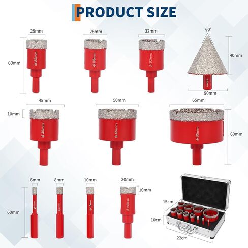 Diamond Tile Hole Saw Kit 10pcs, Diamond Core Drill Bits 6/6/20/25/35/50/75/100MM w/Chamfer Drill Bit and Hexagonal Shank Adapter for Tile Porcelain Ceramic Marble in Saudi Arabia