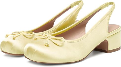 حذاء باليه بكعب Slingback للنساء لطيف بفيونكة مربعة عند الأصابع وكعب منخفض مكتنز حذاء راقصة الباليه مريح من الساتان ماري جين مع حزام خلفي مرن in Kuwait