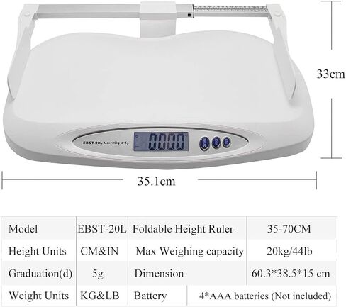 Food Scales Digital Digital Baby Scale Electronic Baby Weighing Scale Pet Scale Infant Weight Scale with 35-70CM Foldable Height Ruler Max Weighing Capacity 20KG/44LB Go in Saudi Arabia