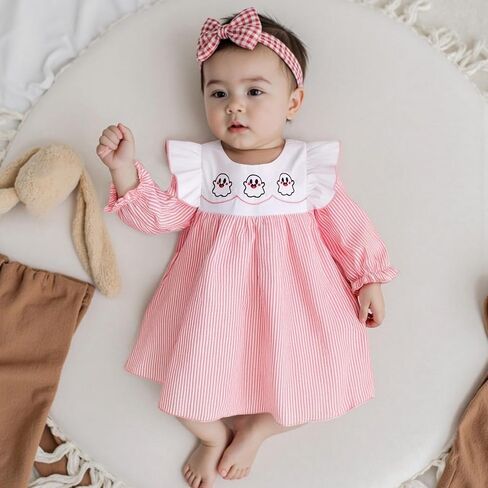 Baby Girl Halloween Dress Pumpkin Ghost Embroidery Plaid Stripe Smocked Dress Toddler Halloween Baby Outfits in Saudi Arabia