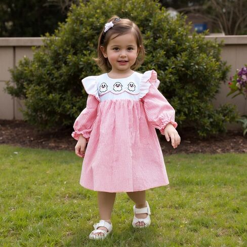 Baby Girl Halloween Dress Pumpkin Ghost Embroidery Plaid Stripe Smocked Dress Toddler Halloween Baby Outfits in Saudi Arabia