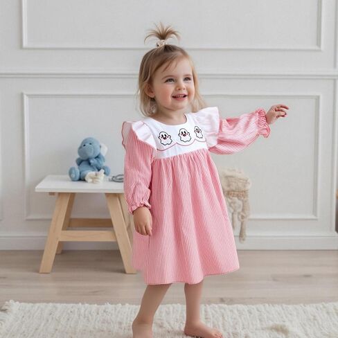 Baby Girl Halloween Dress Pumpkin Ghost Embroidery Plaid Stripe Smocked Dress Toddler Halloween Baby Outfits in Saudi Arabia