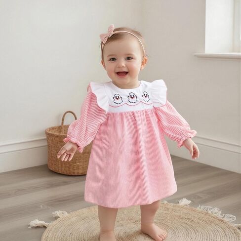 Baby Girl Halloween Dress Pumpkin Ghost Embroidery Plaid Stripe Smocked Dress Toddler Halloween Baby Outfits in Saudi Arabia
