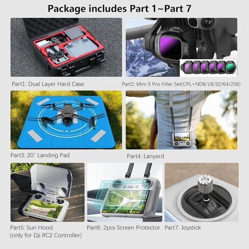 مجموعة ملحقات حافظة صلبة FPVtosky لجهاز DJI Mini 5 Pro، مجموعة ملحقات الطائرة بدون طيار تتضمن حافظة مزدوجة الطبقات، ظلة RC2، حبل قصير، واقي زجاجي مقوى لشاشة RC2، وسادة هبوط، مجموعة مرشح، عصا التحكم (7 في 1) in Kuwait