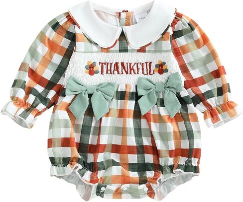 Newborn Baby Girl Thanksgiving Outfit Letter Turkey Long Sleeve Romper Plaid Jumpsuit Smocked Bubble Clothes in Saudi Arabia