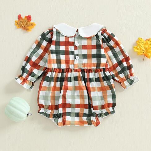 Newborn Baby Girl Thanksgiving Outfit Letter Turkey Long Sleeve Romper Plaid Jumpsuit Smocked Bubble Clothes in Saudi Arabia