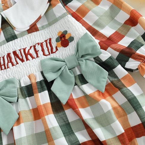 Newborn Baby Girl Thanksgiving Outfit Letter Turkey Long Sleeve Romper Plaid Jumpsuit Smocked Bubble Clothes in Saudi Arabia