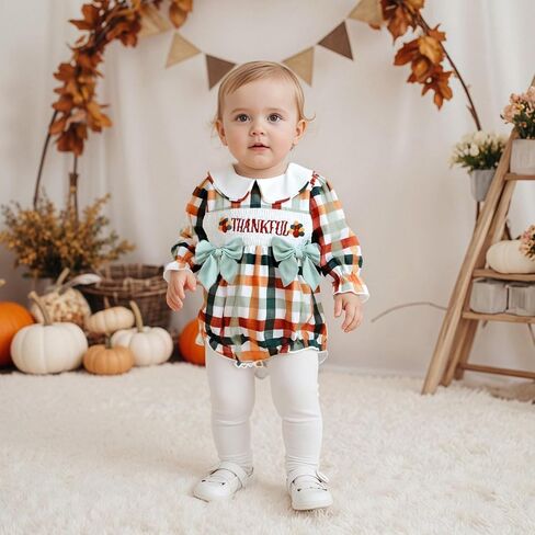 Newborn Baby Girl Thanksgiving Outfit Letter Turkey Long Sleeve Romper Plaid Jumpsuit Smocked Bubble Clothes in Saudi Arabia