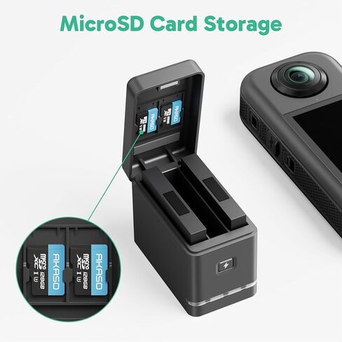 2 x 1350mAh Rechargeable Battery with 3-Channel Charger Case for AKASO 360 Camera, MicroSD Card Storage Slots in Saudi Arabia