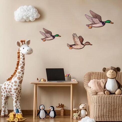 FLHRSM Mallard Duck Baby Stuff 3PCS، البط البري الخشبي للصيد جدار ديكور خمر مزرعة جدار الفن، غرفة المعيشة ديكور الحضانة هدايا حفلة دش الطفل، منحوتة الطيور الطائرة علامات معلقة in Kuwait