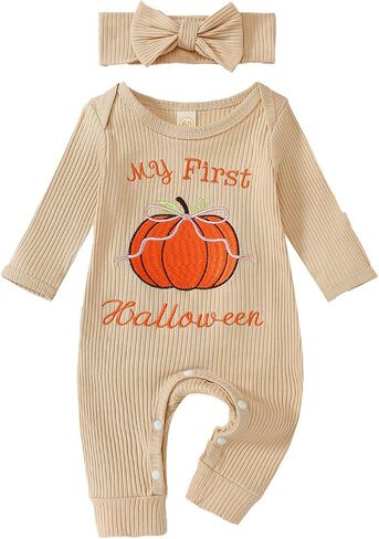 ملابس Goodplayer My First Halloween للفتيات الصغيرات، بدلة رومبير بأكمام طويلة على شكل يقطين، ملابس خريفية للفتيات حديثي الولادة in Kuwait