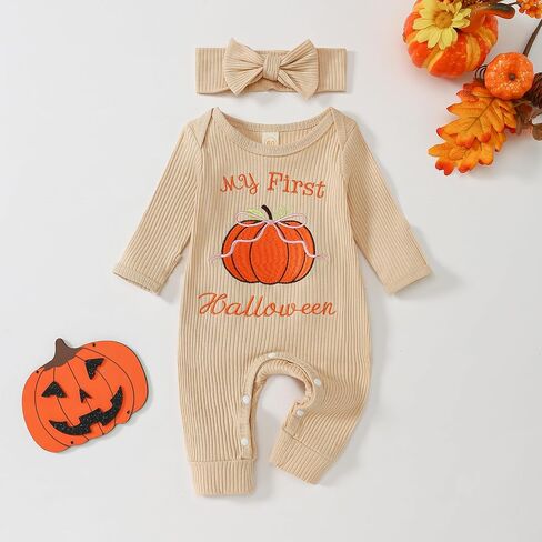 ملابس Goodplayer My First Halloween للفتيات الصغيرات، بدلة رومبير بأكمام طويلة على شكل يقطين، ملابس خريفية للفتيات حديثي الولادة in Kuwait
