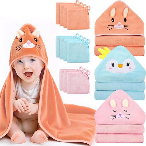 14 PCS Baby Towels, 3 PCS Soft Hooded Baby Towels & 11 PCS Washcloths, Baby Bath Towels for Newborns, Infants & Toddlers, Ultra Absorbent, Cute Baby Towel Gift for Girls in Saudi Arabia