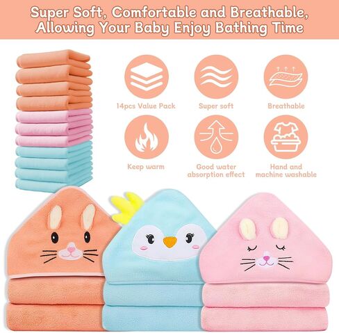 14 PCS Baby Towels, 3 PCS Soft Hooded Baby Towels & 11 PCS Washcloths, Baby Bath Towels for Newborns, Infants & Toddlers, Ultra Absorbent, Cute Baby Towel Gift for Girls in Saudi Arabia
