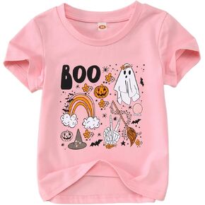 KEKEMI طفل فتاة هالوين شبح تي شيرت جرافيك طفلة اليقطين قميص قصير الأكمام بو طباعة حفلة الهالوين تي شيرت in Kuwait