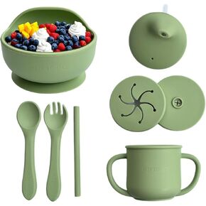 ALTA'S CHOICE Silicone Baby and Toddler Feeding Set. Baby essentials. BPA free baby led weaning feeding supplies. Suction bowl, spoon, fork, sippy cup, snack and straw lid. For kids 6+ months. in Saudi Arabia