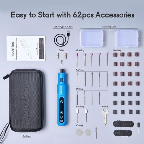 Cordless Rotary Tool Kit, 3.7V Wood Carving Tools with 5 Speed and 62 Accessories, Multi-Purpose Mini Rotary Tool for Sanding, Cutting, Engraving, Drilling, Polishing, DIY Creations, Blue in Saudi Arabia
