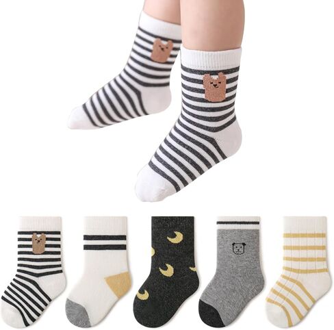 Boys Girls Cotton Ankle Socks, Toddler Striped Animal Print Cute Casual Tube Crew Socks for Baby Kids, 5 Pack in Saudi Arabia