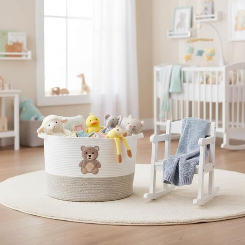 LemonRoad Bear سلة كبيرة جدًا من الحبال القطنية مقاس 20 بوصة × 14 بوصة، صندوق سلة بطانية غسيل للأطفال منسوج مطرز مع تخزين بمقبض، وتخزين البطانية لغرفة المعيشة ووسائد الحضانة وصدر لعبة غسيل الأطفال in Kuwait