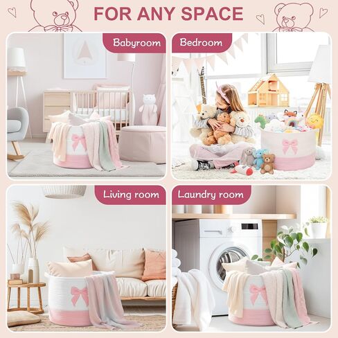 LemonRoad Bear سلة كبيرة جدًا من الحبال القطنية مقاس 20 بوصة × 14 بوصة، صندوق سلة بطانية غسيل للأطفال منسوج مطرز مع تخزين بمقبض، وتخزين البطانية لغرفة المعيشة ووسائد الحضانة وصدر لعبة غسيل الأطفال in Kuwait