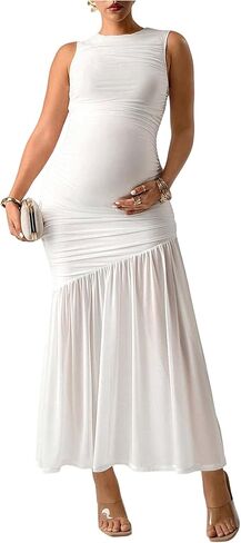 Floerns Women's Maternity Mesh Tank Dress Ruched Ruffle Bodycon Maxi Pregnancy Dresses in Saudi Arabia