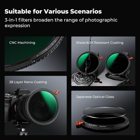 K&F CONCEPT 95mm Black Diffusion Mist Effect 1/4 & Variable ND2-32(1-5 Stops) & Circular Polarizing Filter CPL-in 1 HD Lens Filter with 28 Multi-Coatings for Camera Lenses (Nano-X Series) in Saudi Arabia