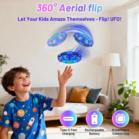 لعبة طائرة بدون طيار صغيرة تعمل يدويًا 2025 للأطفال، كرة UFO الطائرة، دوران 360 درجة وأضواء LED مبهرة، ألعاب رائعة للأطفال بعمر 6 7 8 9 10 11 12+ للأولاد والبنات في سن 12 عامًا (أزرق) in Kuwait