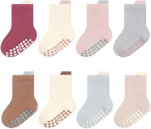 Exegawe 8 Pairs Toddler Non Slip Socks for Boys Girls, Baby Kids Cotton Seamless Crew Anti Skid Gripper Socks 0-5 Years Old in Kuwait