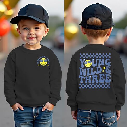 MODNTOGA Toddler Boy Young Wild Three Sweatshirt Cute Face Graphic Birthday Shirt Long Sleeve Funny Print Pullover Bday Tops in Saudi Arabia