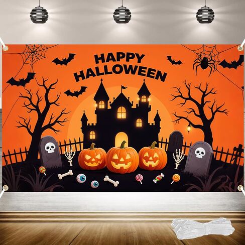 خلفية Happy Halloween - خلفية كبيرة للهالوين مقاس 71 × 43 بوصة مع شريط بطول 19.69 قدمًا | ديكورات اليقطين والأشباح للجدران والحفلات وكشك الصور in Kuwait